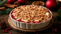 Festive cranberry crumble pie with streusel topping on rustic wooden board, surrounded by Christmas decorations, red baubles, pine cones and cinnamon sticks.