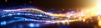 Digital wave of binary code flowing through space with glowing light effects and bokeh, representing data stream and technological advancement in modern computing.