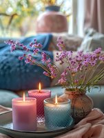 Cozy home atmosphere with lit scented candles and pink wildflowers in ceramic vase. Soft evening light creates peaceful ambiance with blurred background and cushions.