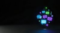 Glowing neon email and messaging icons floating in digital space on dark background for communication technology and marketing concepts.