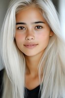 Young Asian woman with platinum blonde hair and natural makeup smiling softly at camera. Close-up portrait showing freckles and warm expression against blurred background.
