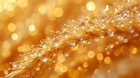 Delicate wheat stalk with morning dew drops against golden bokeh background, macro photography capturing nature's sparkle in warm autumn light.