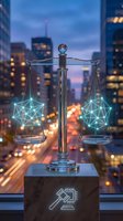 Digital justice scales with glowing network connections balanced over blurred city skyline at dusk representing legal technology and cyber law enforcement.