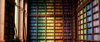 Interior of a grand library with towering shelves filled with colorful books, illuminated by warm golden light creating a scholarly and peaceful atmosphere for education and reading.