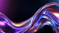 Vibrant flowing liquid metal waves in purple, blue and orange colors against dark background create dynamic abstract composition with glossy chrome effect.
