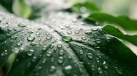 Fresh green leaves covered with crystal clear water droplets after morning rain, showcasing natural hydration and organic freshness in garden setting.