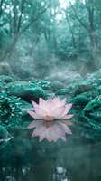 Pink lotus flower floating on tranquil forest stream with moss-covered rocks and ethereal green woodland atmosphere for meditation and wellness concepts.
