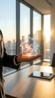 Businessman holding glowing house icon with percent and arrow, symbolizing rising mortgage rates and real estate investment growth.