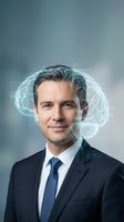 Middle-aged Caucasian male professional in formal business attire with digital brain visualization overlay representing artificial intelligence, innovation, and cognitive technology for corporate solutions.