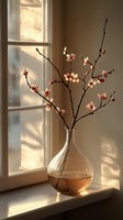 Delicate pink cherry blossoms in glass vase on windowsill with warm sunlight casting shadows through window, creating serene morning atmosphere.