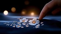 Delicate white cherry blossoms floating on dark blue water surface with finger touching petal, creating serene zen atmosphere in dramatic lighting with bokeh effect.