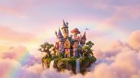 Enchanting fantasy castle floating on clouds with rainbow and waterfalls, surrounded by magical trees in a dreamy pastel sky.