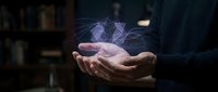 Businessman holding holographic global network connection in cupped hands representing digital transformation and worldwide business connectivity.
