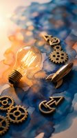 Vintage light bulb with mechanical gears on watercolor background representing innovation and creative thinking for business concepts.