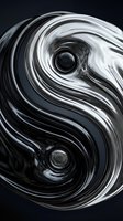Liquid chrome yin yang symbol with flowing metallic waves creating dynamic balance and harmony in monochrome swirls for modern design concepts.