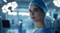 Young female healthcare professional in surgical cap and scrubs in modern operating room with medical equipment and staff in background.