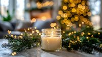 Glowing candle in glass jar surrounded by pine branches and fairy lights with Christmas tree bokeh in background. Festive holiday decor.