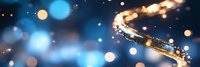 Glowing golden spiral trail with magical sparkles and bokeh lights against blue background, festive holiday atmosphere for celebration designs.