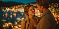 Young couple sharing intimate moment with city lights bokeh background during romantic evening date night creating warm atmospheric mood for love stories.