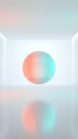 Glowing sphere with coral to turquoise gradient displayed in minimalist white room with soft reflections, suitable for modern design and tech backgrounds.