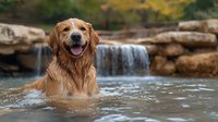 Happy Golden Retriever dog swimming in natural water with small waterfall in background, wet fur shining in sunlight, enjoying outdoor summer activity.