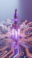 Purple rocket with glowing engine launching from illuminated circuit board, symbolizing technology innovation, startup growth, and digital transformation for business concepts.