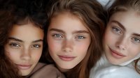 Three diverse young women with natural makeup lying together smiling at camera showing friendship and sisterhood bond for lifestyle content.