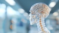 Anatomical visualization of human skull and brain in transparent glass-like material with cervical spine against blurred medical background.