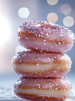 Stack of pink macarons decorated with sparkly sugar crystals on blurred bokeh background. Close-up view shows delicate texture and shimmer of festive dessert.