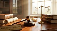 Professional law office desk with scales of justice, gavel, legal books and documents in warm sunlight for legal services and attorney consultation.