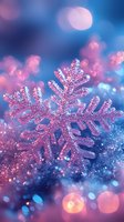 Sparkling pink snowflake decoration with glitter against blurred blue and pink bokeh background creates magical winter holiday atmosphere.