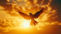 Majestic bird silhouette with spread wings soaring against dramatic golden sunset sky with glowing sun and illuminated clouds in warm orange tones.