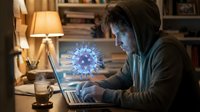 Young Caucasian man in hoodie working on laptop at night with glowing virus particle hologram emerging from screen in cozy home office setting.
