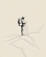 Minimalist line art of solo hiker with backpack and trekking poles standing on mountain peak, adventure travel concept for outdoor recreation designs.
