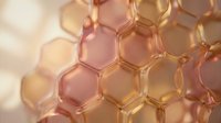 Translucent honeycomb structure with warm golden and pink tones, featuring hexagonal cells with soft light diffusion, suitable for cosmetics, skincare, wellness and scientific backgrounds.