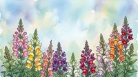 Colorful snapdragon flowers in watercolor style with soft pastel sky background, copy space for text, spring garden botanical art.
