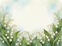 Watercolor lily of the valley floral border with soft green background and white copy space for wedding or spring greeting card.