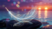 Delicate white feather floating on calm water surface during magical sunset with colorful bokeh lights reflecting on ocean waves creating dreamy atmosphere.
