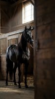 Majestic black horse standing in rustic wooden stable with dramatic sunlight streaming through window creating atmospheric barn interior scene.