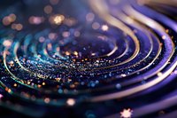 Abstract digital spiral with glittering particles and bokeh lights in purple and blue tones for technology and futuristic design backgrounds.
