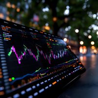Financial trading chart with colorful stock market data displayed on digital screen against blurred evening city lights and bokeh background. For business analysis.