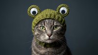 Adorable tabby cat wearing green knitted frog hat with googly eyes on dark background. Funny pet costume portrait for greeting cards and social media.