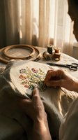 Hands embroidering colorful wildflowers on linen fabric with wooden hoop, thread spools and scissors on table by window for handmade crafts and needlework.
