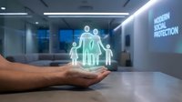 Modern family protection concept with glowing holographic icons floating above cupped hands in contemporary office environment for insurance marketing.