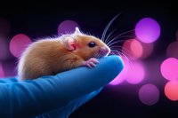 Adorable golden hamster sitting on blue gloved hand against blurred purple and pink bokeh background, close up view of small pet with long whiskers.