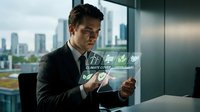 Businessman in formal suit interacting with digital sustainability icons and environmental metrics on transparent screen in modern office with city skyline view.
