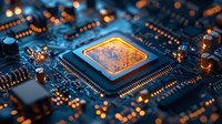 Glowing microprocessor on circuit board with orange and blue lighting effects creates dramatic tech atmosphere for business and computing concepts.
