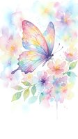 Watercolor butterfly with rainbow wings surrounded by delicate pastel flowers and leaves on white background for spring designs and feminine decor projects.