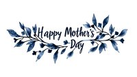 Happy Mother's Day calligraphy with decorative blue watercolor floral branches and leaves for greeting cards and celebration designs.
