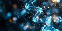 Glowing blue DNA spiral structure with particles and bokeh effects on dark background, representing genetic research and biotechnology advancement.